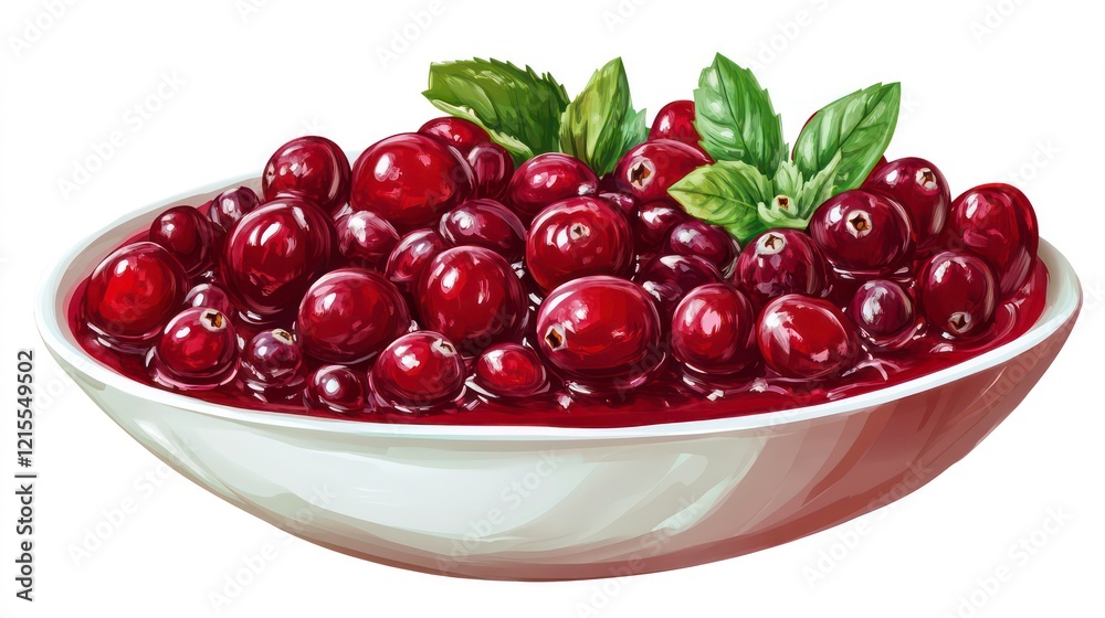 Bowl of red cranberry sauce with fresh cranberries and mint leaves, on a white background. Bowl of red cranberry sauce with fresh cranberries and mint leaves, on a white background.