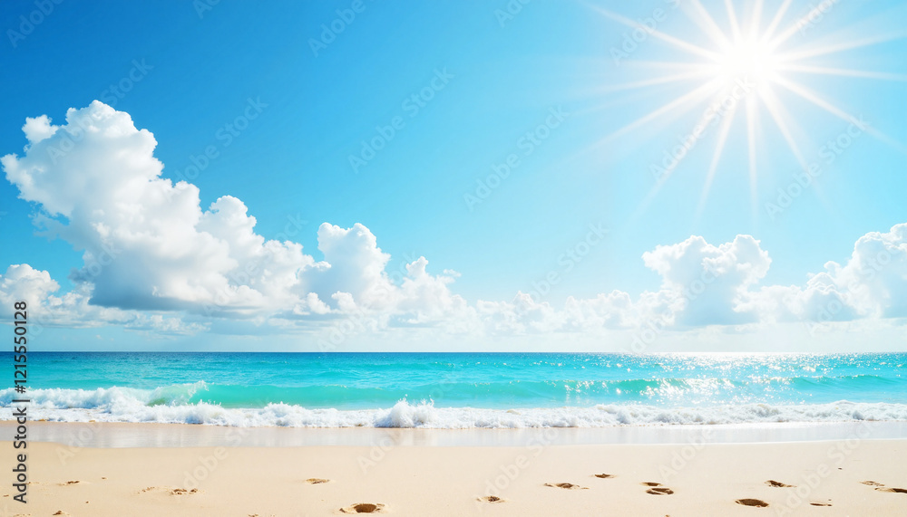 Obraz premium Tranquil beach scene with sparkling water and fluffy clouds, serenity, Sunny Sky with Clouds, Mild Weather