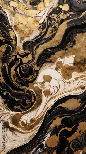 A luxurious abstract image showcasing marbled textures in black, gold, and ivory with ultra-detailed swirling patterns and a glossy effect.