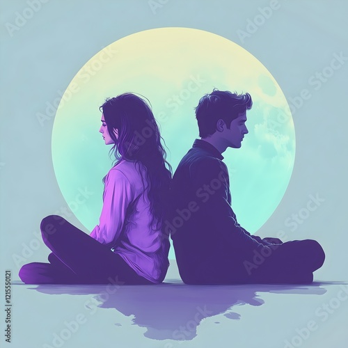 couple sitting back to back with moon. generated Ai
