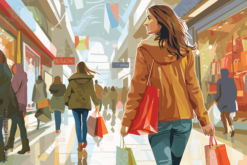 Joyful Female Shopper Carrying Colorful Bags in Bustling Shopping Center