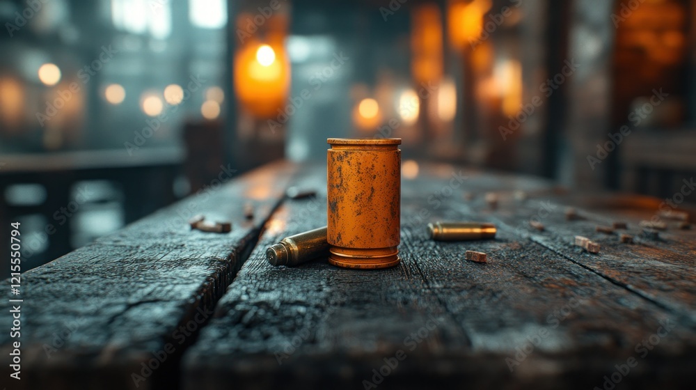 Rusty ammo, tavern table, blurry background, western setting Rusty ammo, tavern table, blurry background, western setting