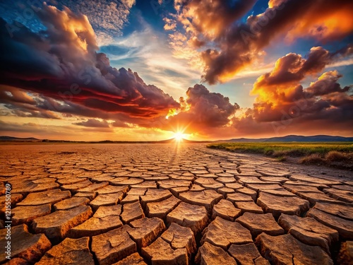 Sunset Dry Cracked Clay Soil Landscape, Dramatic Cloudy Sky, Arid Land Texture