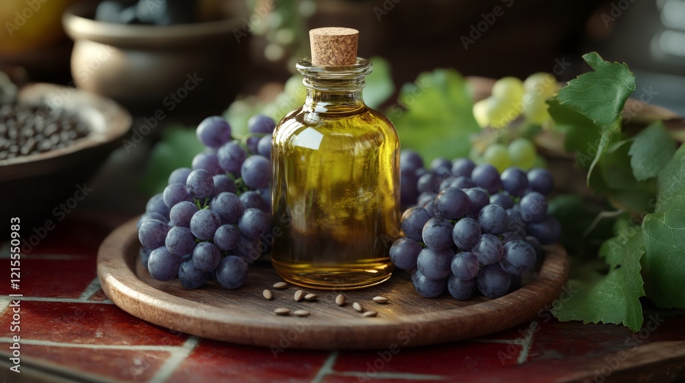 Grape seed oil surrounded by fresh grapes on wooden tray Grape seed oil surrounded by fresh grapes on wooden tray