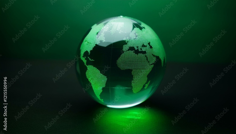 투명한 구체 안에 떠 있는 세계 지도에서, 특정 한 대륙이 형광 초록빛으로 빛나는 모습