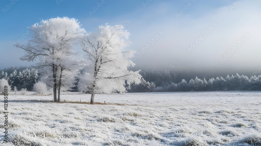 A serene winter landscape with a snowy foreground and frosted trees in the background. Frosted Meadow. Illustration A serene winter landscape with a snowy foreground and frosted trees in the background. Frosted Meadow. Illustration