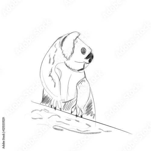 Pencil sketch hand drawn panda looking sideways, black line on white background