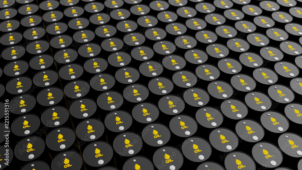 Fototapeta premium Top view on grid of black metal oil barrels. Many fuel tanks. Oil industry concept. 3d render illustration
