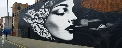 Stylish urban mural of caucasian female with floral design on brick wall