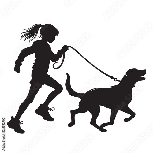 Girl Running Behind Dog Silhouette Vector Illustration on a white background
