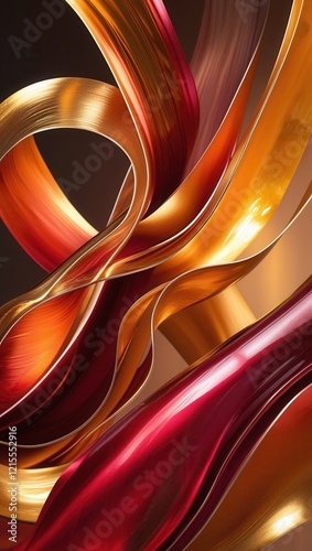 A dynamic, large-scale abstract composition featuring undulating, curved ribbons that twist and turn in a mesmerizing dance, rendered in a rich, warm color palette that graduates