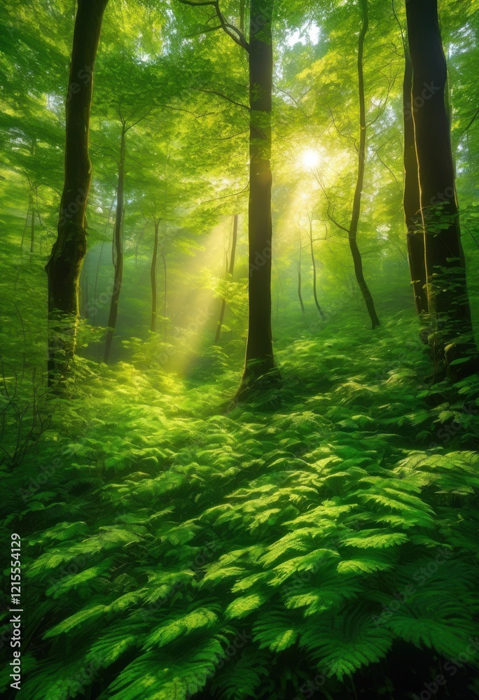 Fototapeta premium mesmerizing view lush forest treetops bathed radiant morning light creating vibrant natural canvas, mornings, nature, trees, greenery, sunlight, landscape