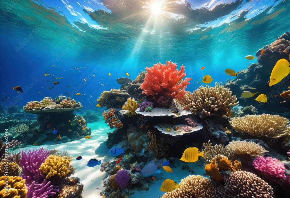 Naklejka premium enchanting mystical underwater landscape featuring vibrant coral exotic colorful sea creatures pristine ocean setting, marine, life, garden, fish, reef