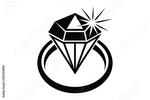 A wedding ring or diamond ring vector silhouette, isolated white background, elegant jewelry icon, love symbol, engagement illustration