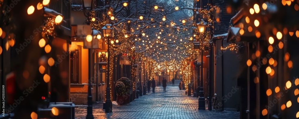 Enchanting winter street with festive lights and snow-covered cobblestones