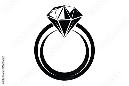 A wedding ring or diamond ring vector silhouette, isolated white background, elegant jewelry icon, love symbol, engagement illustration