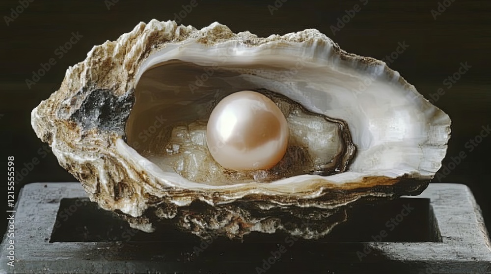 Close-up of a pearl nestled in an open oyster shell on a wooden stand, showcasing natural beauty and ocean treasures. Generative AI Close-up of a pearl nestled in an open oyster shell on a wooden stand, showcasing natural beauty and ocean treasures. Generative AI