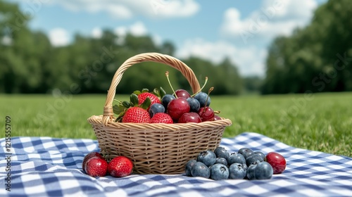 Basket of fresh strawberries, cherries, and blueberries on a picnic blanket in a park