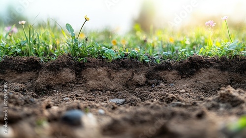 Fototapeta Naklejka Na Ścianę i Meble -  Soil cross-section, meadow background, sunrise, growth