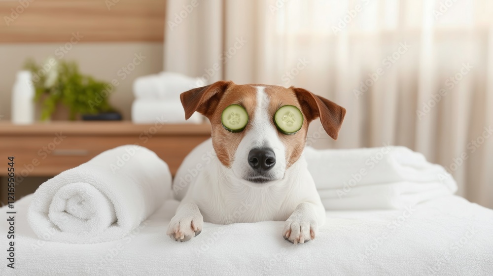 Cute dog relaxing with cucumber slices in spa setting Cute dog relaxing with cucumber slices in spa setting