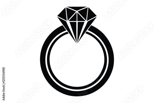 A wedding ring or diamond ring vector silhouette, isolated white background, elegant jewelry icon, love symbol, engagement illustration