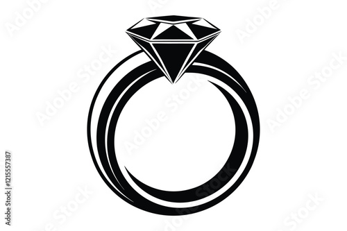 A wedding ring or diamond ring vector silhouette, isolated white background, elegant jewelry icon, love symbol, engagement illustration