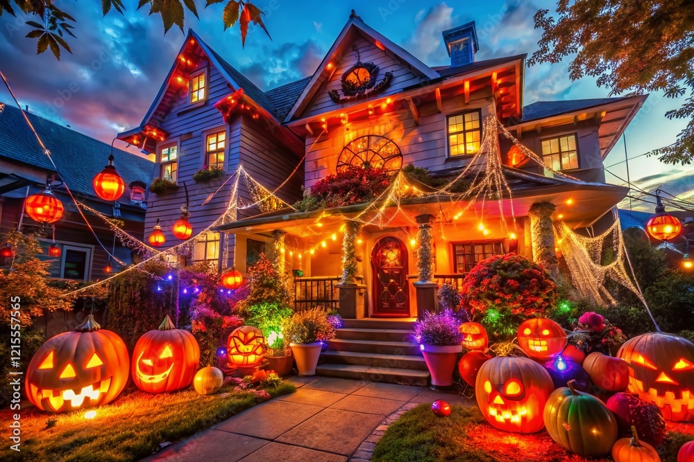 Fototapeta premium Surreal Halloween House: Whimsical Decorations & Glowing Lights