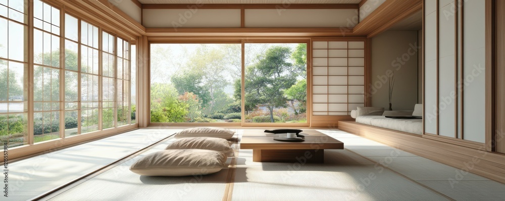 Fototapeta premium Serene japanese zen room with tatami mats and garden view in tranquil natural light