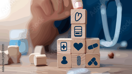 Man stacking wooden blocks with healthcare icons, representing health insurance and people's well-being