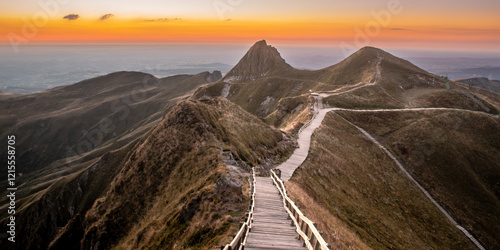 Le sommet de la montagne du Puy de Sancy dans le massif central en Auvergne, pendant l'été au coucher de soleil