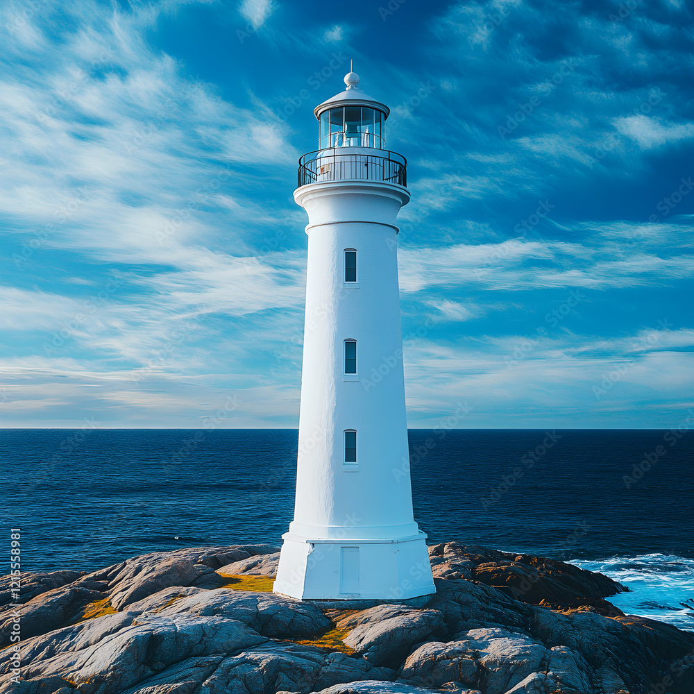 Naklejka premium Coastal Lighthouse on Rocky Shore Ocean View