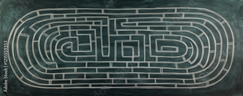 Intricate chalk maze on green chalkboard photo