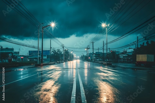 A dark, stormy sky over an empty city street, with only a single streetlamp casting light, symbolizing moments of personal crisis in the midst of the world’s indifference.  photo