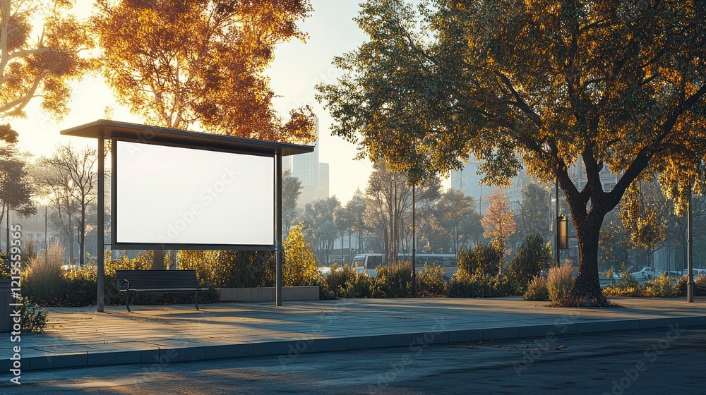 Autumn sunset at a bus stop urban park photograph serene environment wide angle daily commute inspiration Autumn sunset at a bus stop urban park photograph serene environment wide angle daily commute inspiration