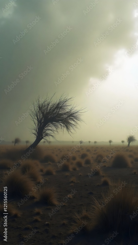 Obraz premium Stormy Desert Scene with Cloudy Sky and Sparse Vegetation and Gloomy Light