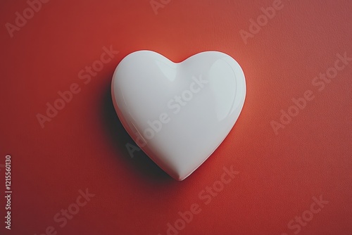A subtle white heart perches on a striking bold red background, gently glowing under soft lighting, providing generous space for messaging