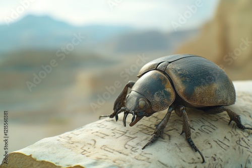 A large dark-colored beetle rests on an ancient, weathered surface against a blurred desert landscape. photo