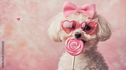  The dog wears heart-shaped sunglasses in bold. The lenses have a soft reflective sheen to give a fun, retro vibe. Positioned on top of its head is a large, creating a lively and cute accessory. The d photo