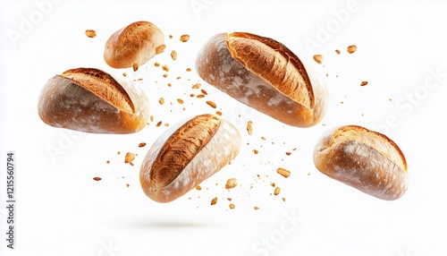 Freshly Baked Baguettes And Loaf Breads Soaring In The Air On A White Background, Highlighting Small Buns In Action.