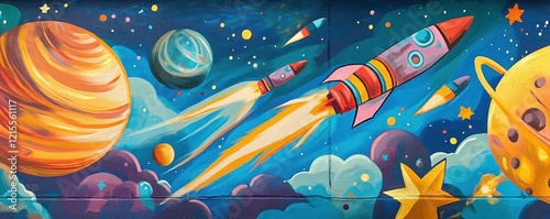 Colorful space mural with rockets and planets in vibrant cosmic scene