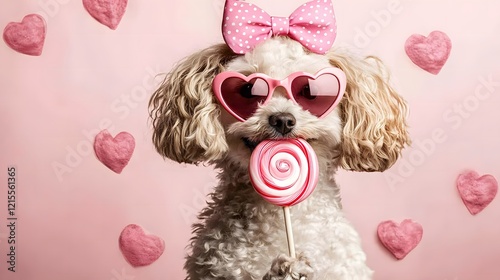  The dog wears heart-shaped sunglasses in bold. The lenses have a soft reflective sheen to give a fun, retro vibe. Positioned on top of its head is a large, creating a lively and cute accessory. The d photo