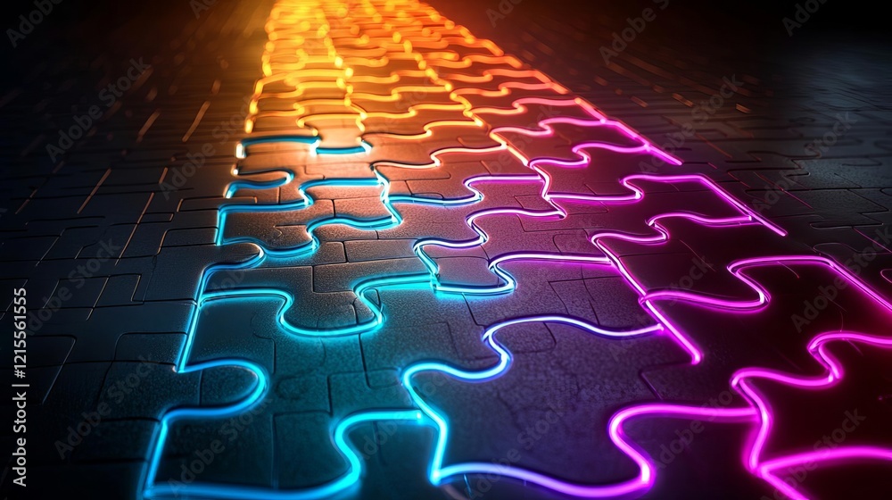 Obraz premium Business Team Building Activity Goal Neon puzzle pieces illuminating a dark surface.