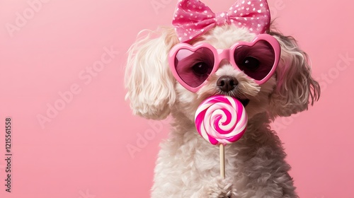  The dog wears heart-shaped sunglasses in bold. The lenses have a soft reflective sheen to give a fun, retro vibe. Positioned on top of its head is a large, creating a lively and cute accessory. The d photo