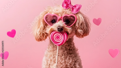  The dog wears heart-shaped sunglasses in bold. The lenses have a soft reflective sheen to give a fun, retro vibe. Positioned on top of its head is a large, creating a lively and cute accessory. The d photo