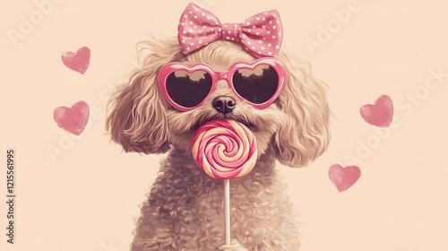  The dog wears heart-shaped sunglasses in bold. The lenses have a soft reflective sheen to give a fun, retro vibe. Positioned on top of its head is a large, creating a lively and cute accessory. The d photo