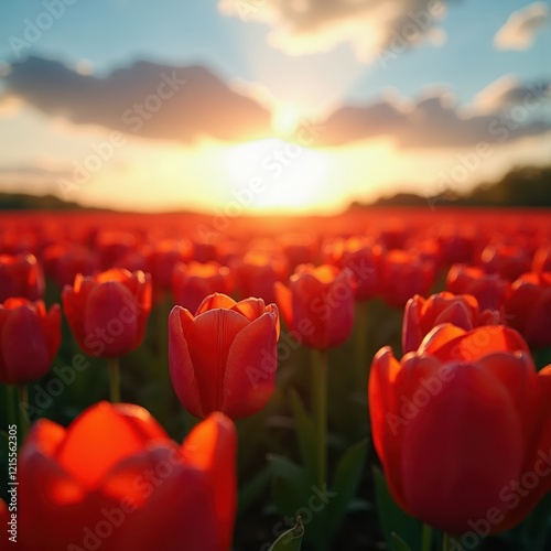 Vibrant red tulips bathed in the golden light of sunset. A breathtaking view of a vast field of flowers.