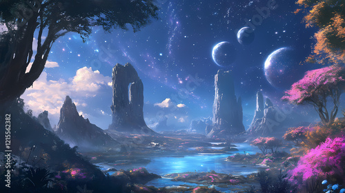 Celestial lake: a dreamlike landscape under a starry sky. Galactic Shores. Illustration