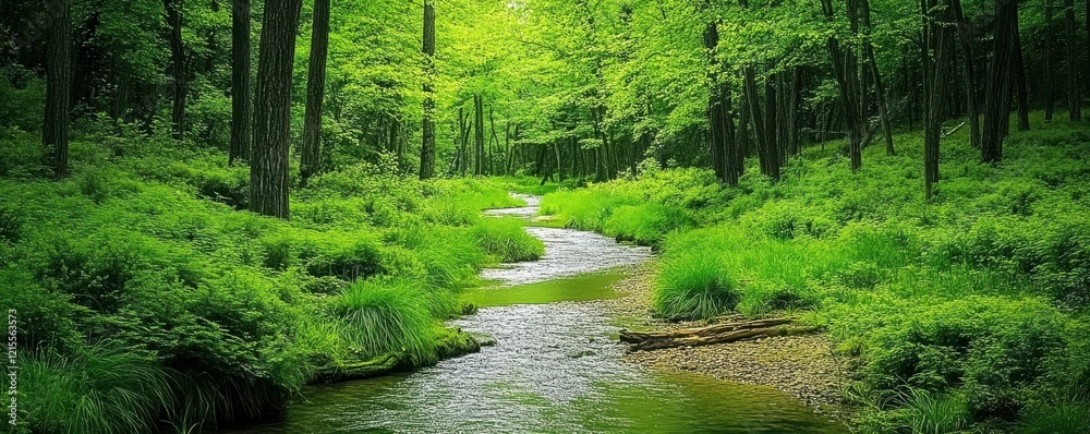 Fototapeta premium Tranquil forest stream winding through lush greenery in a serene woodland landscape