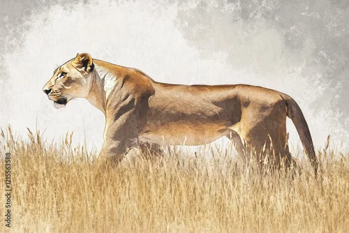 Fototapeta A majestic lioness strides through tall savanna grass under a cloudy sky.