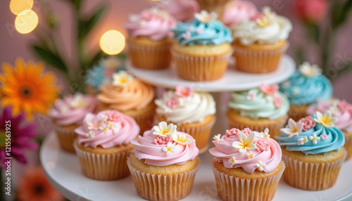 Colorful cupcakes with decorative frosting on a tiered stand